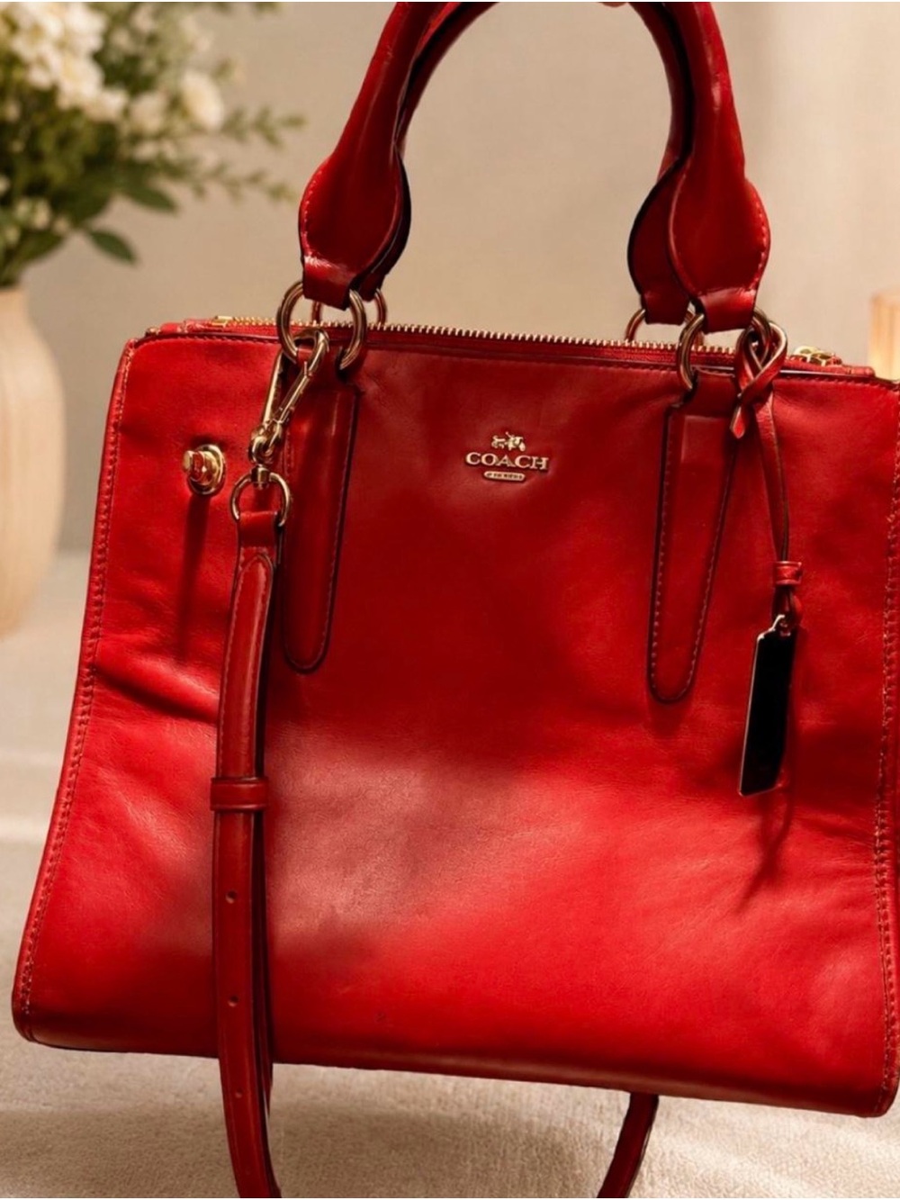 Coach Red Leather Satchel with Top Handles and Shoulder Strap
